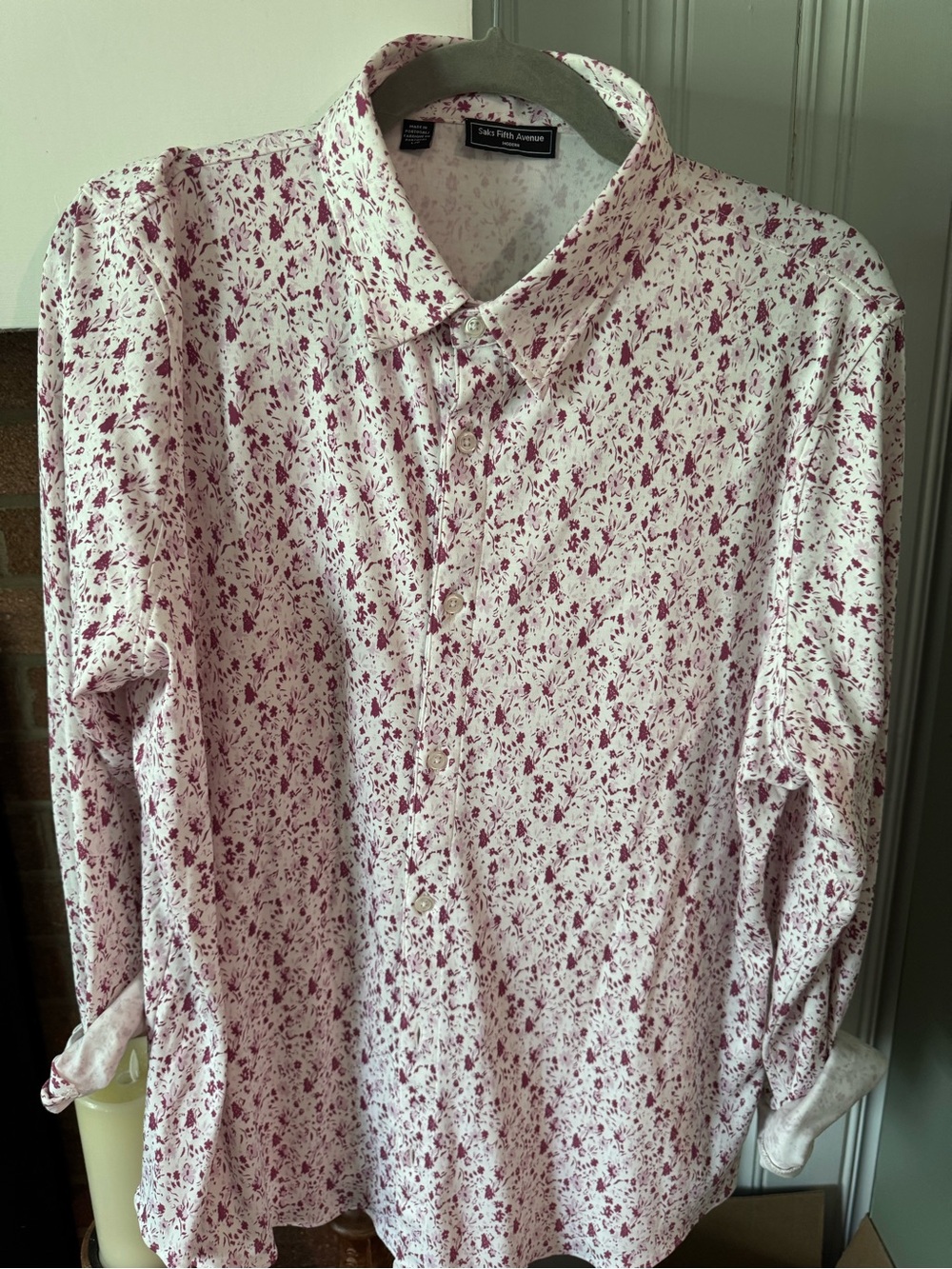 Saks Fifth Avenue White Button-Down Shirt with Pink Floral Print